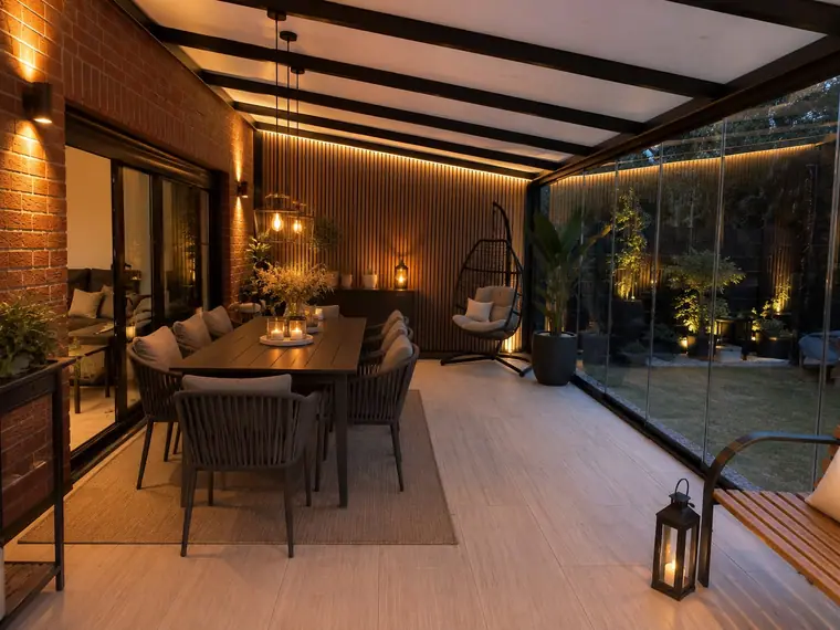 Beleuchtete Terrassenüberdachung an einer Klinkerfassade, Esstisch und Glas-Schiebewand zum Garten im Abendlicht